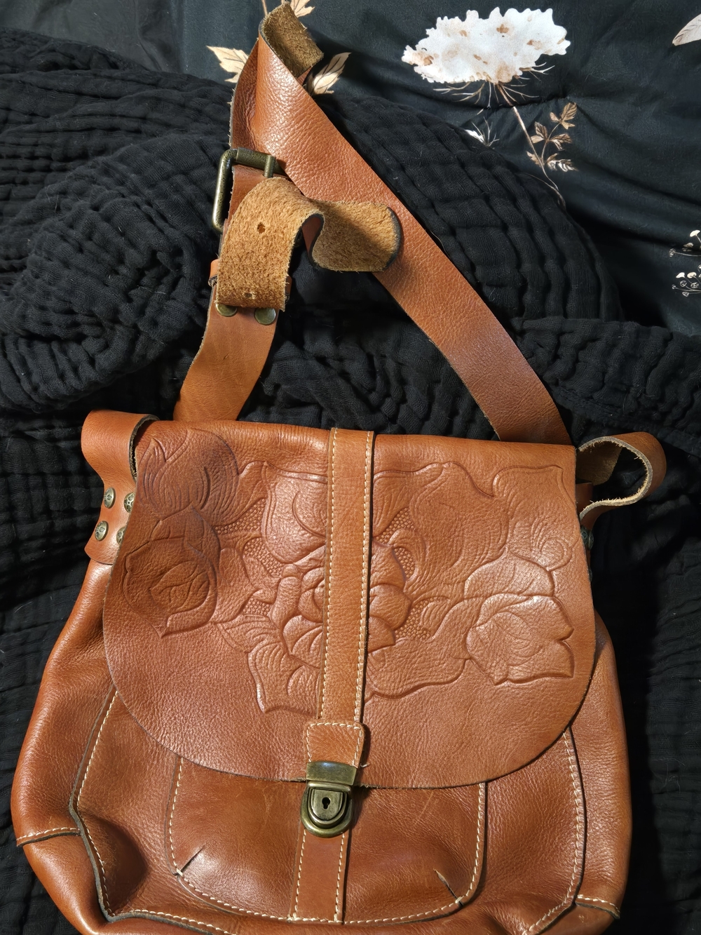 Genuine Leather Floral-Embossed Saddle Bag - Tan